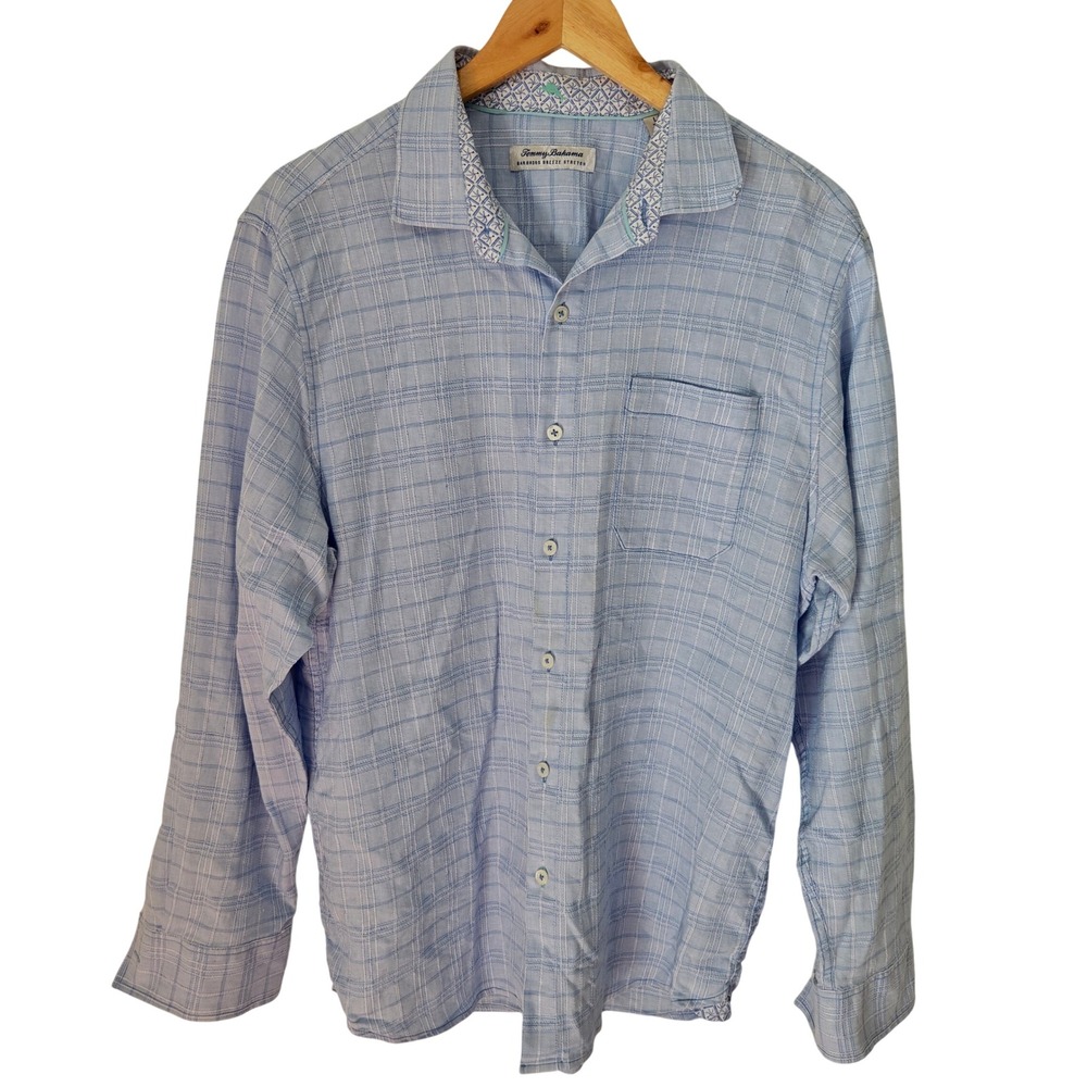 Tommy Bahama Barbados Breeze Stretch Plaid Shirt Mens Large Blue Long Sleeve